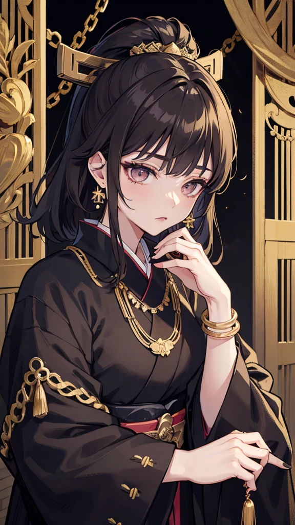 taisho period Japan woman, dark aesthetic, darkwave aesthetic, grunge aesthetic, eerie moorlands behind her, dark aesthetics, eerie thriller aesthetic, dark and moody aesthetic, ominous gothic aesthetic, goth aesthetic, gloomy style, medium length dirty brown hair, kimetsu no yaiba, wearing dark grunge gray clothes, really really short messy hair, gold accents. gold jewelry, gold dangly earrings, gold necklaces, gold bracelets, gold rings muscular, fancy, royalty, queen