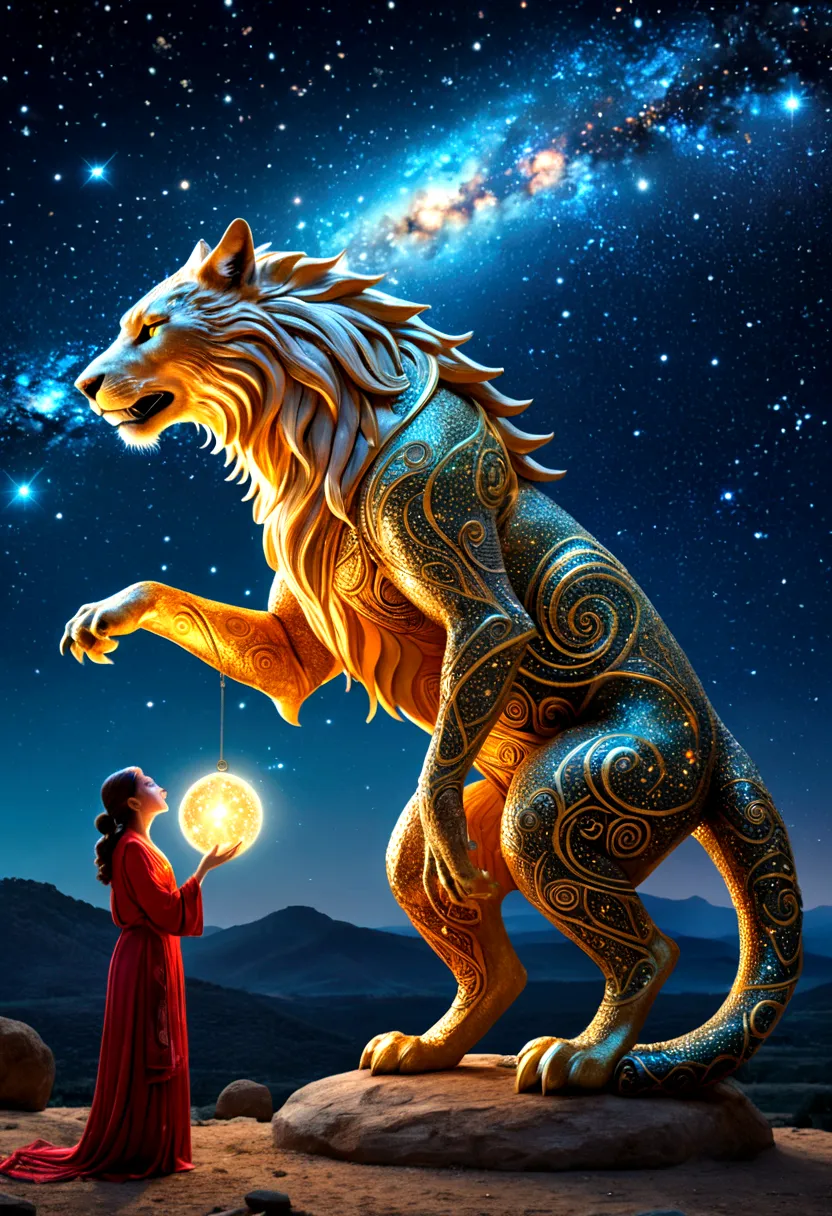 (Astrologer), An astrologer and a mysterious mythical beast are communicating under the starry sky. The mythical beast is surrou...