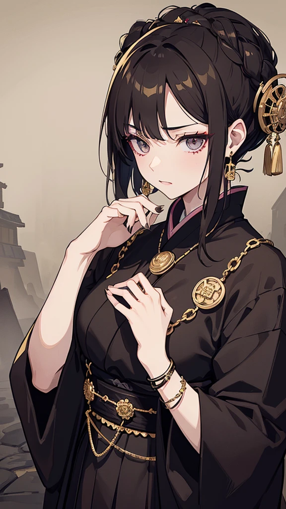 taisho period Japan woman, dark aesthetic, darkwave aesthetic, grunge aesthetic, eerie moorlands behind her, dark aesthetics, eerie thriller aesthetic, dark and moody aesthetic, ominous gothic aesthetic, goth aesthetic, gloomy style, medium length dirty brown hair, kimetsu no yaiba, wearing dark grunge gray clothes, really really short messy hair, gold accents. gold jewelry, gold dangly earrings, gold necklaces, gold bracelets, gold rings muscular, fancy, royalty, queen