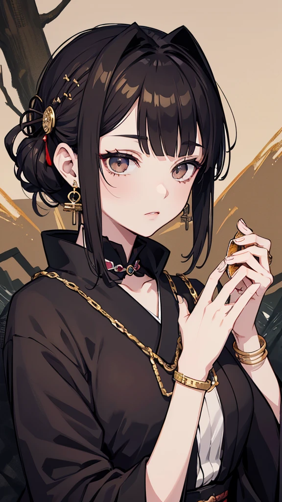 taisho period Japan woman, dark aesthetic, darkwave aesthetic, grunge aesthetic, eerie moorlands behind her, dark aesthetics, eerie thriller aesthetic, dark and moody aesthetic, ominous gothic aesthetic, goth aesthetic, gloomy style, medium length dirty brown hair, kimetsu no yaiba, wearing dark grunge gray clothes, really really short messy hair, gold accents. gold jewelry, gold dangly earrings, gold necklaces, gold bracelets, gold rings muscular, fancy, royalty, queen