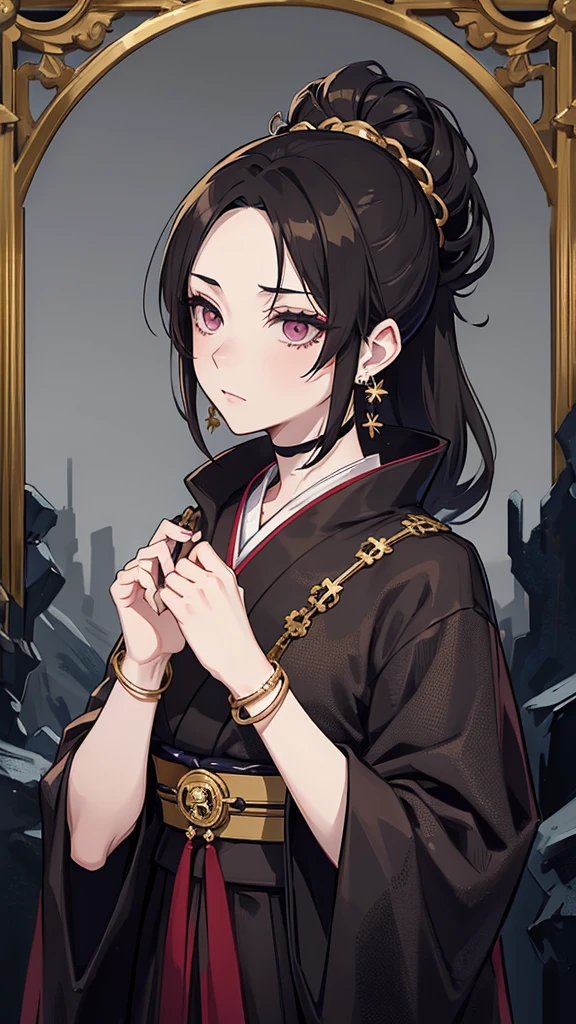 taisho period Japan woman, dark aesthetic, darkwave aesthetic, grunge aesthetic, eerie moorlands behind her, dark aesthetics, eerie thriller aesthetic, dark and moody aesthetic, ominous gothic aesthetic, goth aesthetic, gloomy style, medium length dirty brown hair, kimetsu no yaiba, wearing dark grunge gray clothes, really really short messy hair, gold accents. gold jewelry, gold dangly earrings, gold necklaces, gold bracelets, gold rings muscular, fancy, royalty, queen