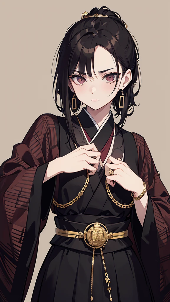 taisho period Japan woman, dark aesthetic, darkwave aesthetic, grunge aesthetic, eerie moorlands behind her, dark aesthetics, eerie thriller aesthetic, dark and moody aesthetic, ominous gothic aesthetic, goth aesthetic, gloomy style, medium length dirty brown hair, kimetsu no yaiba, wearing dark grunge gray clothes, really really short messy hair, gold accents. gold jewelry, gold dangly earrings, gold necklaces, gold bracelets, gold rings muscular, fancy, royalty, queen