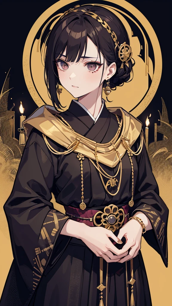 taisho period Japan woman, dark aesthetic, darkwave aesthetic, grunge aesthetic, eerie moorlands behind her, dark aesthetics, eerie thriller aesthetic, dark and moody aesthetic, ominous gothic aesthetic, goth aesthetic, gloomy style, medium length dirty brown hair, kimetsu no yaiba, wearing dark grunge gray clothes, really really short messy hair, gold accents. gold jewelry, gold dangly earrings, gold necklaces, gold bracelets, gold rings muscular, fancy, royalty, queen