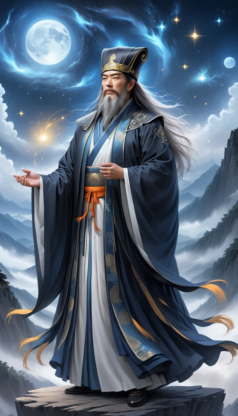 a wise old Chinese Taoist sorcerer in flowing black robe, long white beard and eyebrows, wearing a traditional scholar's hat, standing on a mountain peak gazing at the starry night sky, surrounded by glowing mystical runes and symbols, ethereal atmosphere, highly detailed, cinematic lighting, digital art, concept art, fantasy