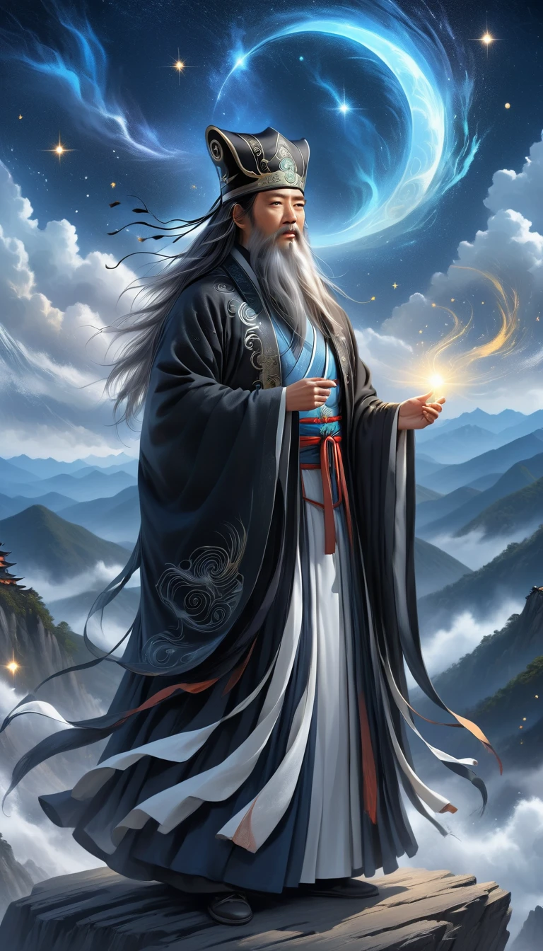 흐르는 검은 옷을 입은 현명한 중국 도교 마법사, 길고 흰 수염과 눈썹, 전통 학자 모자를 쓰고, 산봉우리에 서서 별이 총총한 밤하늘을 바라보며, 빛나는 신비로운 룬과 상징으로 둘러싸여 있습니다., 천상의 분위기, 매우 상세한, 영화 조명, 디지털 아트, 컨셉 아트, 공상