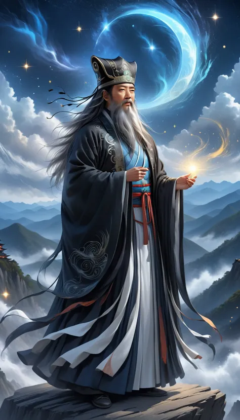 a wise old chinese taoist sorcerer in flowing black robe, long white beard and eyebrows, wearing a traditional scholar's hat, st...