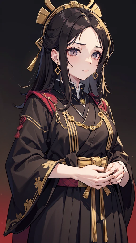 taisho period Japan woman, dark aesthetic, darkwave aesthetic, grunge aesthetic, eerie moorlands behind her, dark aesthetics, eerie thriller aesthetic, dark and moody aesthetic, ominous gothic aesthetic, goth aesthetic, gloomy style, medium length dirty brown hair, kimetsu no yaiba, wearing dark grunge gray clothes, really really short messy hair, gold accents. gold jewelry, gold dangly earrings, gold necklaces, gold bracelets, gold rings muscular, fancy, royalty, queen