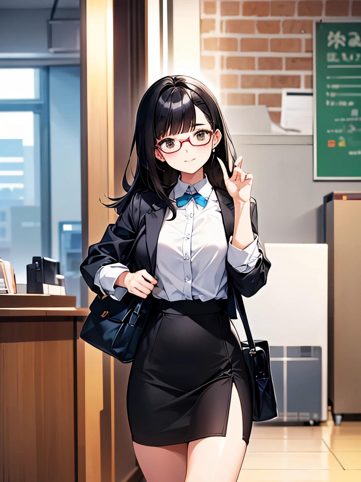 Crea una adorable ilustración estilo anime de una adolescente con cabello negro, vistiendo un estilo con una dama de oficina. Con gafas elegantes que aumentan su encanto., ella irradia una vibra linda y entrañable, perfecto para un estilo anime 　político&#39;ropa　Oficial de Asuntos Exteriores