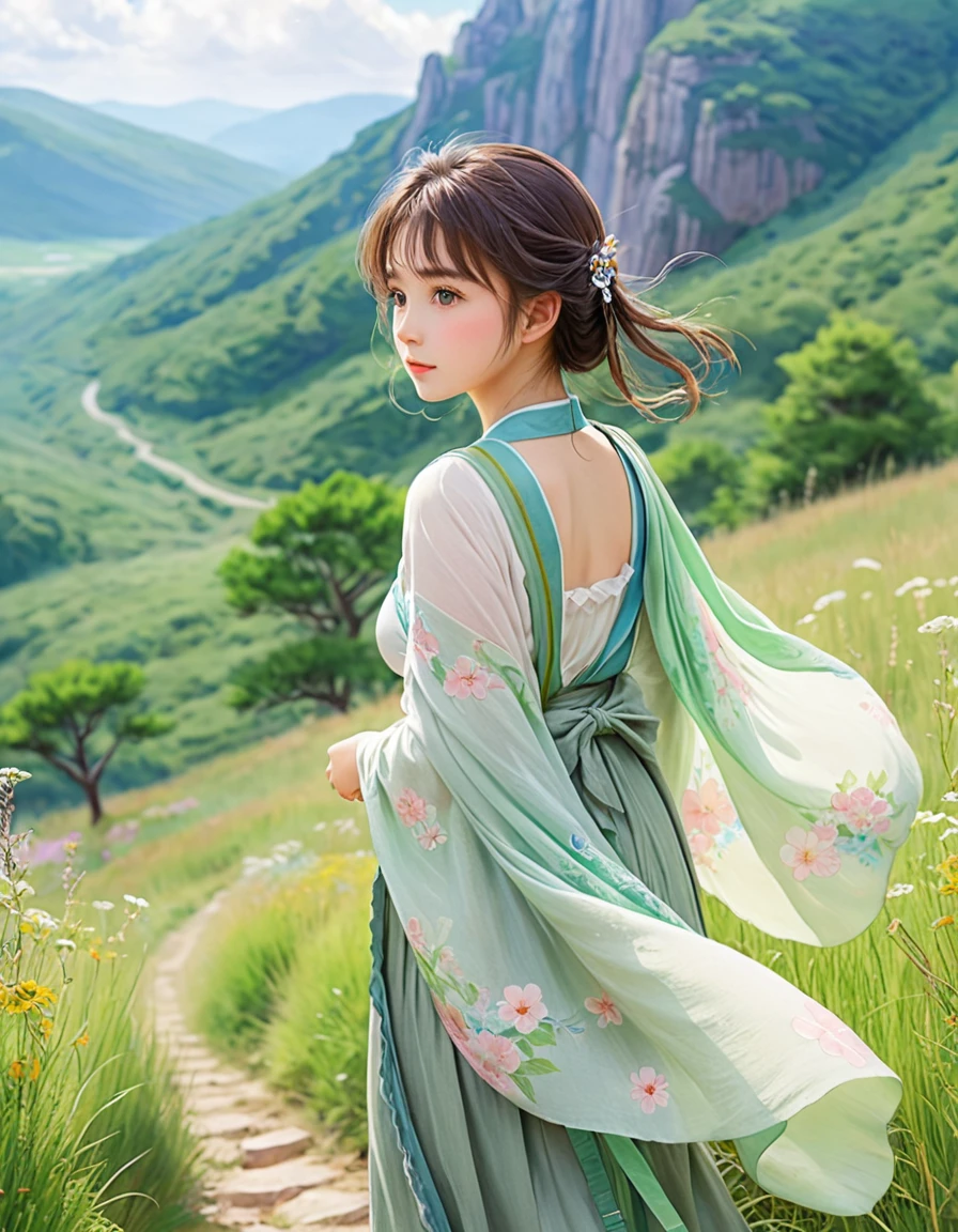 pastel color, watercolor, from behind, a ultra detailed cute moe anime, Summer plateau and the frail young lady is serene and beautiful. The summer plateau is lush with greenery, with a pleasant breeze blowing through. In the midst of this, there is a frail young lady. She is wrapped in a thin shawl, enjoying the wind of the plateau. Her face is healed by the refreshing air of the plateau, gradually gaining color.