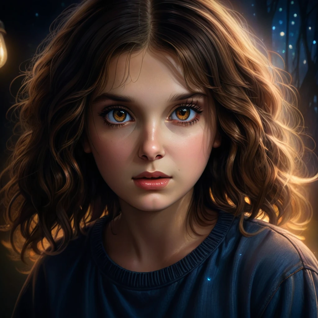 una niña con hermosos ojos detallados, hermosos labios detallados, extremadamente detallado eyes and face, Pestañas largas, Fotorrealista, Híper realista, 8K, alta resolución, obra maestra, detalles intrincados, extremadamente detallado, pintura digital, pintura al óleo, Híper realista, Fotorrealista, iluminación cinematográfica, iluminación dramática, chiaroscuro lighting, Colores cálidos, colores suaves, Piel realista, Ropa detallada, pose dinámica, expresión emotiva, fantasía, realismo magico, cosas extrañas