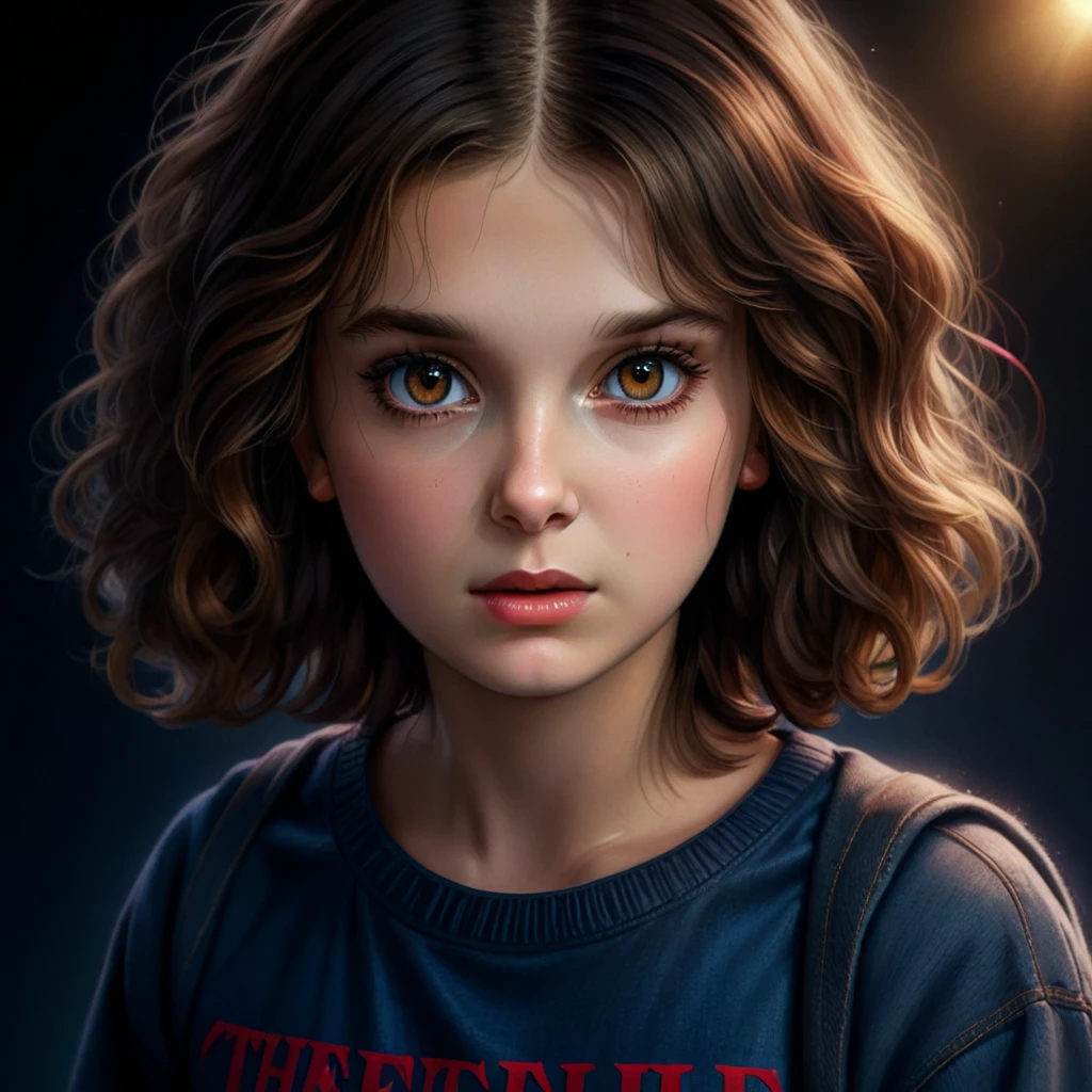 a young girl with beautiful detailed eyes, beautiful detailed lips, extremely detailed eyes and face, long eyelashes, photorealistic, hyperrealistic, 8k, highres, masterpiece, intricate details, extremely detailed, digital painting, oil painting, hyperrealistic, photorealistic, cinematic lighting, dramatic lighting, chiaroscuro lighting, warm colors, soft colors, realistic skin, detailed clothing, dynamic pose, emotive expression, fantasy, magical realism, stranger things