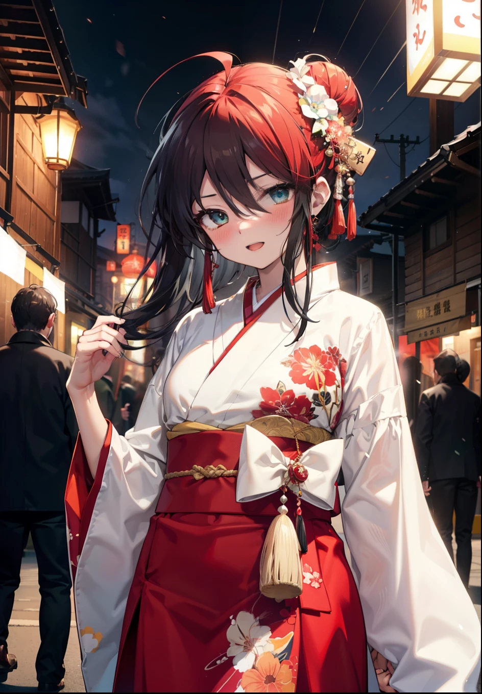 Shana,Shakugan pas Shana,cheveux longs, cheveux roux,les yeux rouges,ahogé,sourire,rougir,Ouvrez la bouche,Chignon, single Chignon,rougir,Kimono rouge,Manches épaisses,jupe longue rouge,fête japonaise,stands du festival d&#39;été,Lanterne rouge,Pour que tout le corps entre dans l&#39;illustration,marche,　　　　　　　　　　　  casser looking at viewer, Haut du corps (tir de cow-boy:1. 5),  　　　　　　　　　　　　　　　　　　casser outdoors, tombeau,festival, 　　　　　　　　　　　　　casser (chef-d&#39;œuvre:1.2), la plus haute qualité, haute résolution, unité 8k fond d&#39;écran, (forme:0.8), (De beaux et beaux yeux:1.6), Visage très détaillé, éclairage parfait, CG très détaillé, (des mains parfaites, Anatomie parfaite),