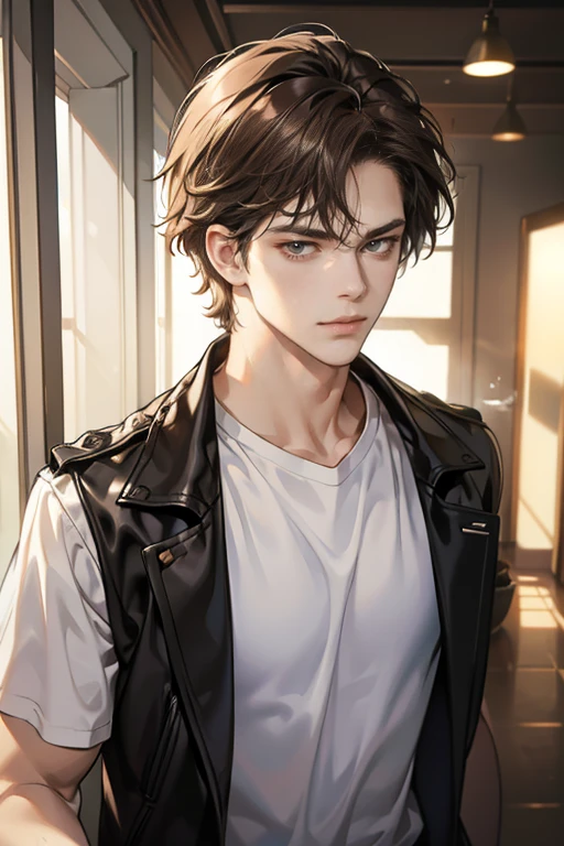 (tmasterpiece, high resolution, ultra - detailed:1.0), (1male, masculine face), Perfect male body, Adult male, Delicate eyes and delicate face, Extremely detailed CG, Unity 8k wallpaper, Complicated details, Detailed face, (brown hair, messy hair, serious faces, white T-shirt,Bad students), (frown,evil smile:1.3), Standing in school corridor,black leather jacket, color difference, Depth of field, dramatic shadow, Ray tracing, Best quality, Cinematic lighting, offcial art,Portrait