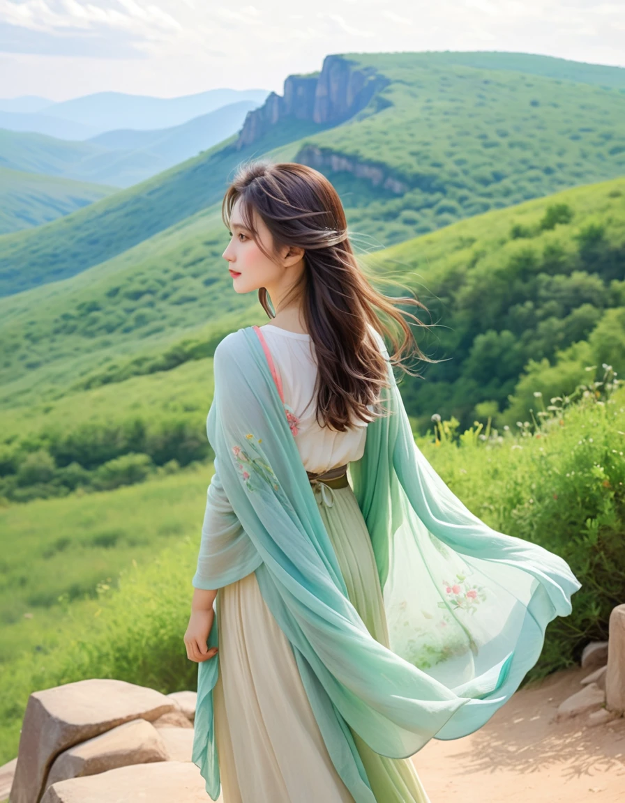 pastel color, watercolor, from behind, a ultra detailed cute photograph, Summer plateau and the frail young lady is serene and beautiful. The summer plateau is lush with greenery, with a pleasant breeze blowing through. In the midst of this, there is a frail young lady. She is wrapped in a thin shawl, enjoying the wind of the plateau. Her face is healed by the refreshing air of the plateau, gradually gaining color.