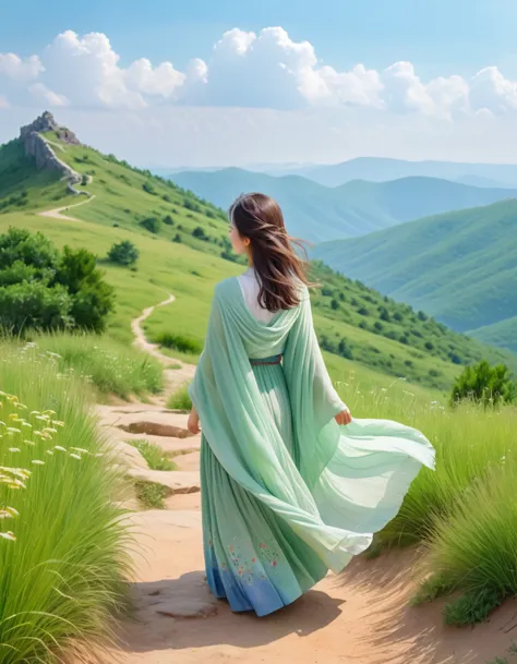 pastel color, watercolor, from behind, a ultra detailed cute photograph, summer plateau and the frail young lady is serene and b...