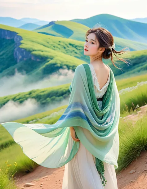 pastel color, watercolor, from behind, a ultra detailed cute photograph, summer plateau and the frail young lady is serene and b...