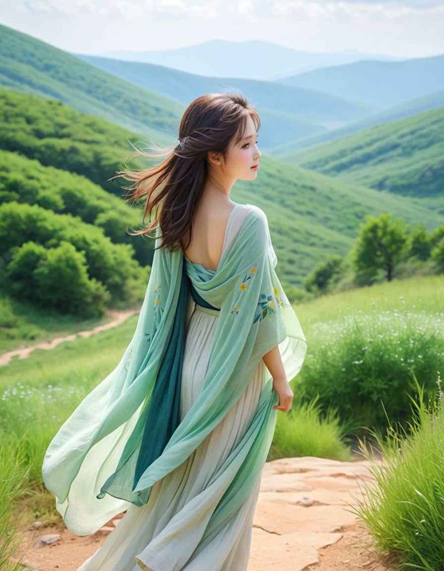 pastel color, watercolor, from behind, a ultra detailed cute photograph, Summer plateau and the frail young lady is serene and beautiful. The summer plateau is lush with greenery, with a pleasant breeze blowing through. In the midst of this, there is a frail young lady. She is wrapped in a thin shawl, enjoying the wind of the plateau. Her face is healed by the refreshing air of the plateau, gradually gaining color.