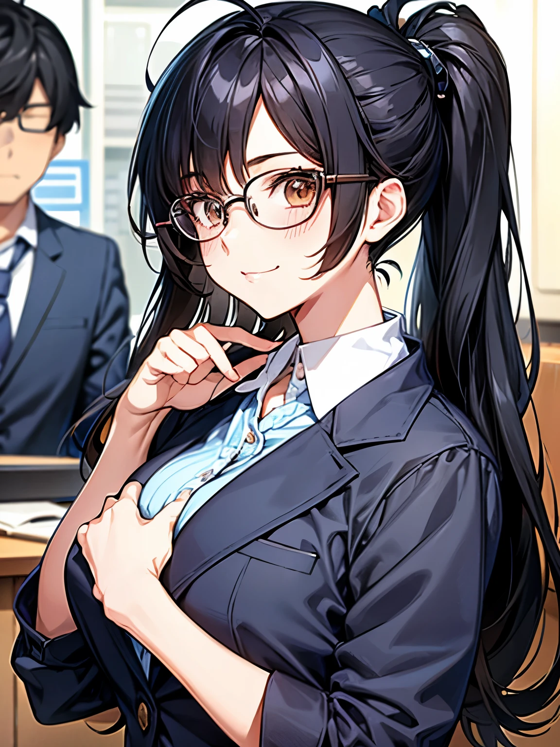 Créez une adorable illustration de style anime d&#39;une adolescente aux cheveux noirs, porter un élégant avec une Office Lady. Avec des lunettes élégantes qui ajoutent à son charme, elle dégage une ambiance mignonne et attachante, parfait pour un style anime 　politicien&#39;les vêtements　Officier des Affaires étrangères