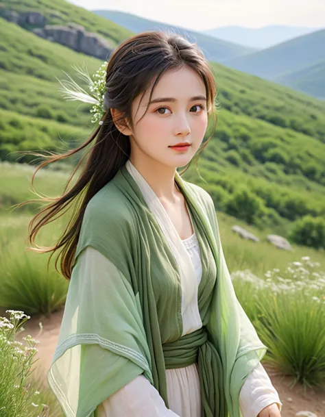 pastel color, watercolor, a ultra detailed cute photograph, summer plateau and the frail young lady is serene and beautiful. the...