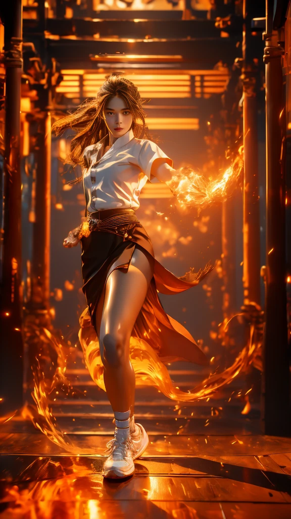 (Fire element:1.2), Knee shot, 18s woman in thai university uniform, long straight fire hair, white short-sleeve shirt, black tight mini skirt, brown belt, white sneakers, masterpiece:1.2, high detail, realistic, cinematic scene, fire goddess, slim and perfect figure, perfect body proportions, 16k, portrait photo, dynamic dancing pose, dynamic compositions, orang-aura, using orang-magic, orang-magic, dancing, fire