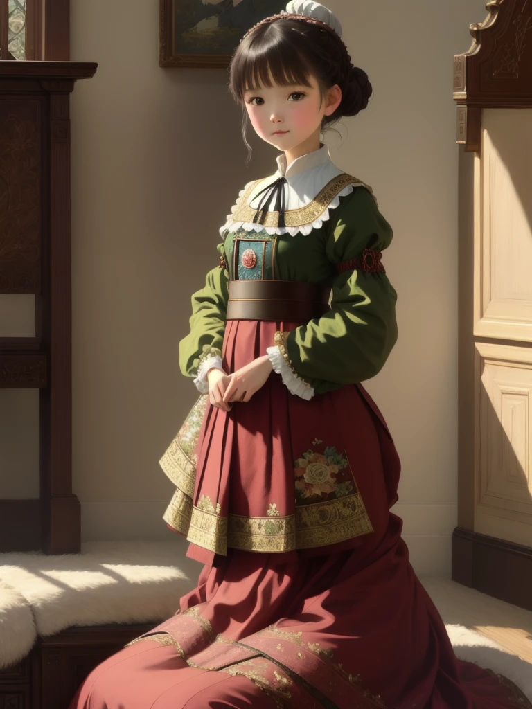 picture of european girl, beautiful drawing of the characters, jinyoung shin art, Ye Xin, artwork in the style of Gouvez, Annie Stegg Gerard, Zhang Han, Gouvez masterpiece, Gouvez, beautiful portrait, beautiful illustration, by Zeng Jing, by Tosa Mitsuoki, hair tied up in a bun, Small braids, green eyes, European national dress of a noblewoman, Middle Ages, nobility, high detail