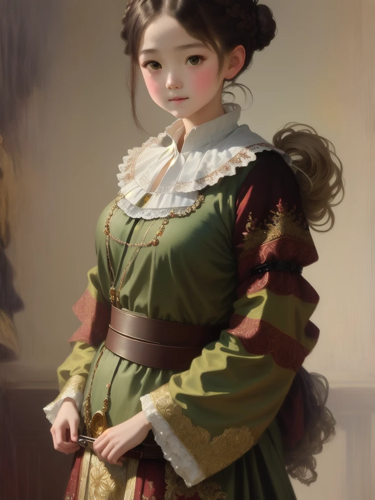 picture of european girl, beautiful drawing of the characters, jinyoung shin art, Ye Xin, artwork in the style of Gouvez, Annie Stegg Gerard, Zhang Han, Gouvez masterpiece, Gouvez, beautiful portrait, beautiful illustration, by Zeng Jing, by Tosa Mitsuoki, hair tied up in a bun, Small braids, green eyes, European national dress of a noblewoman, Middle Ages, nobility, high detail