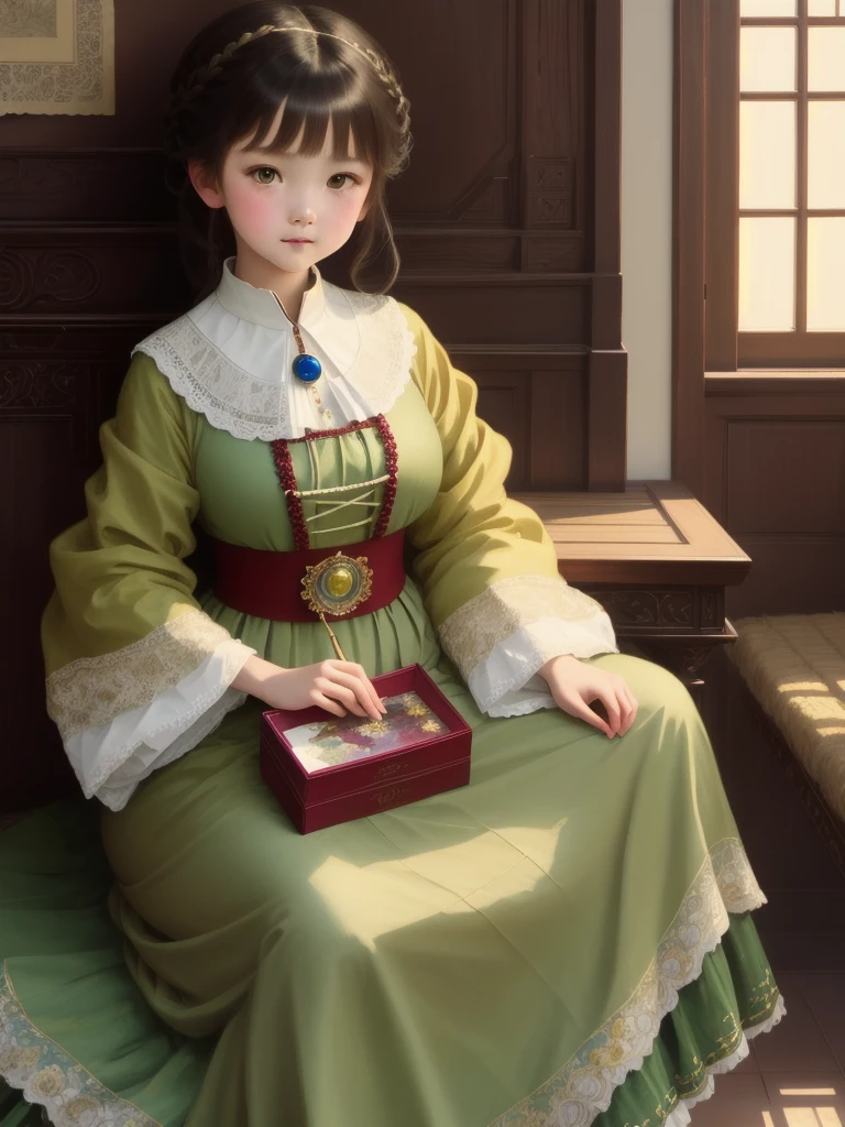 picture of european girl, beautiful drawing of the characters, jinyoung shin art, Ye Xin, artwork in the style of Gouvez, Annie Stegg Gerard, Zhang Han, Gouvez masterpiece, Gouvez, beautiful portrait, beautiful illustration, by Zeng Jing, by Tosa Mitsuoki, hair tied up in a bun, Small braids, green eyes, European national dress of a noblewoman, Middle Ages, nobility, high detail