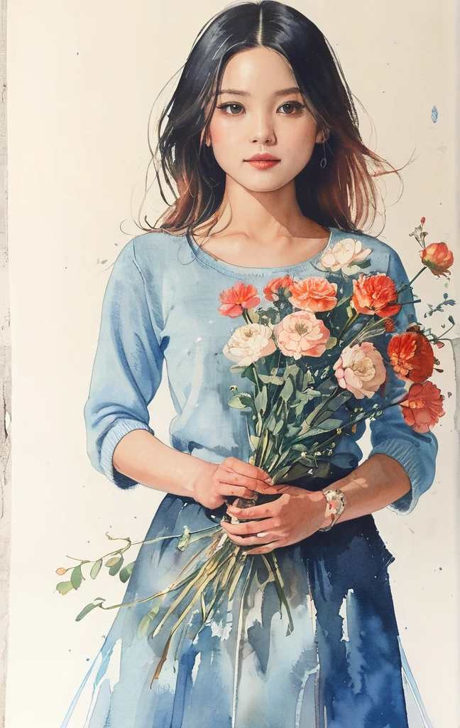 8k,chef d&#39;oeuvre,qualité supérieure, (par le bas:1.6) ,pose dynamique,30 ans 1 fille, Tenir un gros bouquet,portrait, Floral, croquis à l&#39;aquarelle, Lumière, cheveux longs, sourire, peinture à l&#39;aquarelle \(moyen\),peinture à l&#39;aquarelle,Débardeur uni,Plain Lumière blue sweater,jupe longue