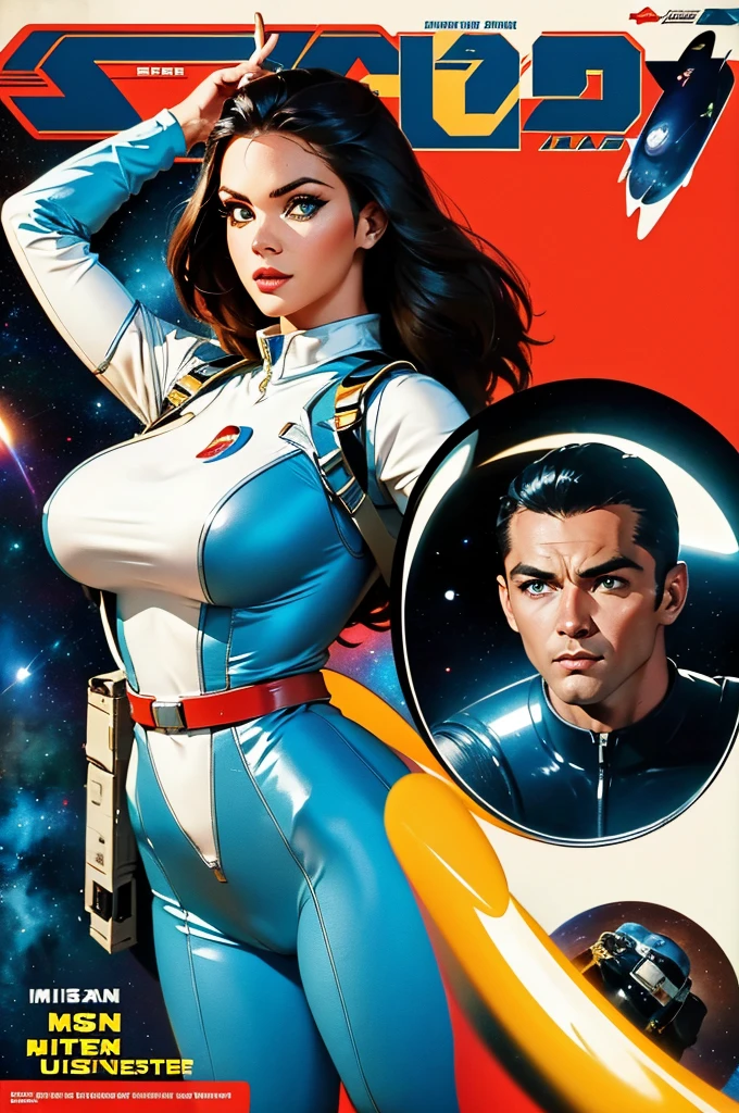 cover of an old science fiction pulp book Space Action and Adventure Space science fiction from the 1950s with Alison Tyler as a sexy spacegirl with your jetpack and flying saucer, imagem perfeita