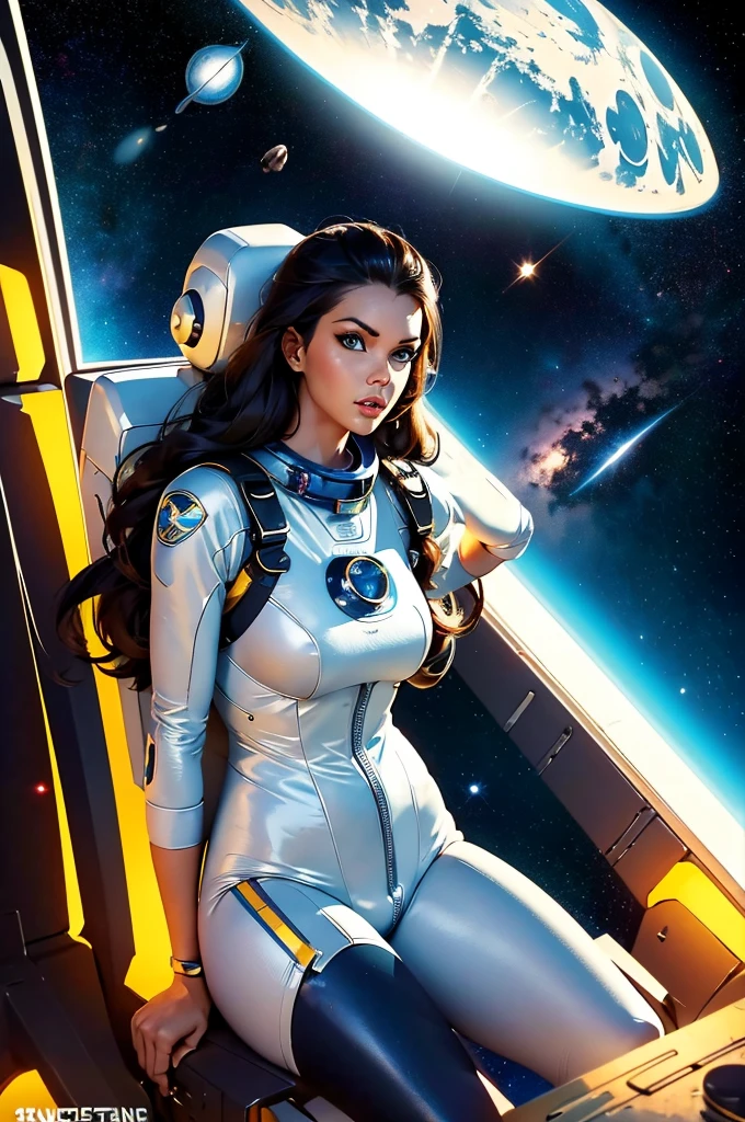 cover of an old science fiction pulp book Space Action and Adventure Space science fiction from the 1950s with Alison Tyler as a sexy spacegirl with your jetpack and flying saucer, imagem perfeita