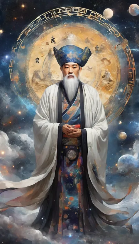 Oriental Fortune Teller，The old immortal on the top of the stars，Elders，White beard and long white eyebrows，（Wear an official ha...