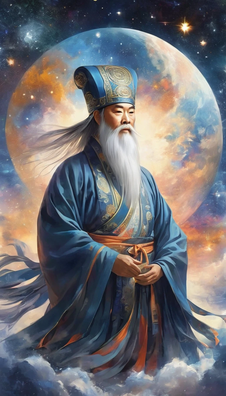 东方算命师，星辰之巅的老仙，长老，白胡子和长长的白眉毛，（戴官帽，孔明帽），黑色宽鬆汉服长袍，仰望星空，银河太极八卦图，意境，大量，符文，发光，梦
