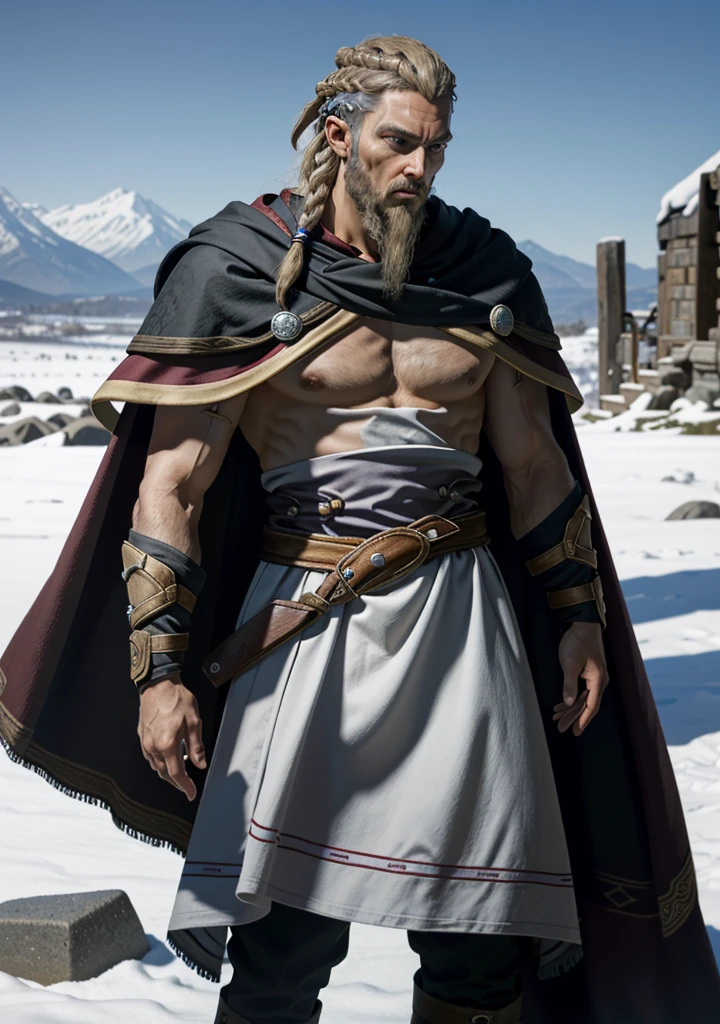 Viking, 1 young boy, standing alone, bare chested, stark, male focus, facial hair, Barba, White hair, braid, missiles, jewerly, necklase, trunk, cape, realisitic, manly, missilesduras, nblurry background, plein-air, giorno, blurry masterpiece, best qualityer,
