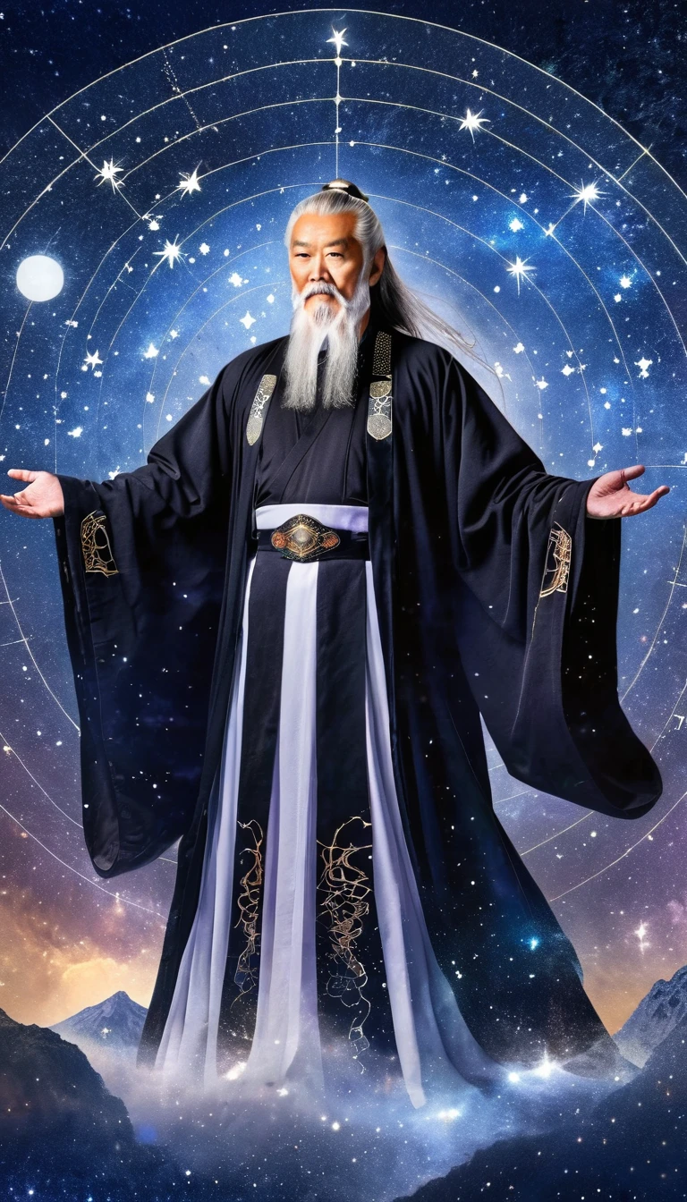 Adivino oriental，El viejo inmortal en la cima de las estrellas.，Ancianos，Barba blanca y largas cejas blancas.，Bata hanfu suelta negra，mirando las estrellas，Diagrama Galaxy Tai Chi Bagua，Concepción artística，grandes cantidades de，Runes，luminiscencia，Sueño
