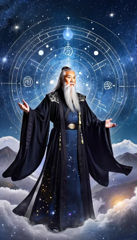 oriental fortune teller，the old immortal on the top of the stars，elders，white beard and long white eyebrows，black loose hanfu ro...