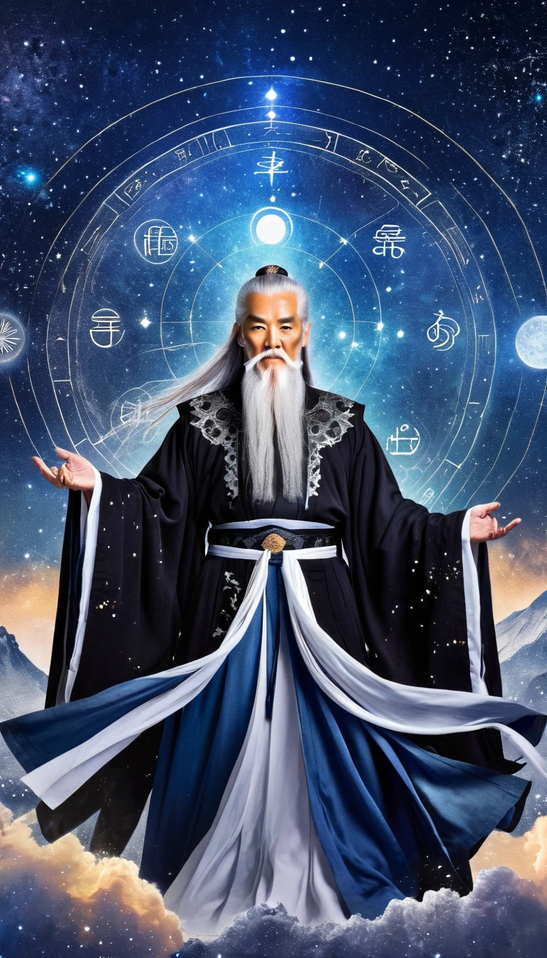 东方算命师，星辰之巅的老仙，长老，白胡子和长长的白眉毛，黑色宽鬆汉服长袍，仰望星空，银河太极八卦图，意境，大量，符文，发光，梦
