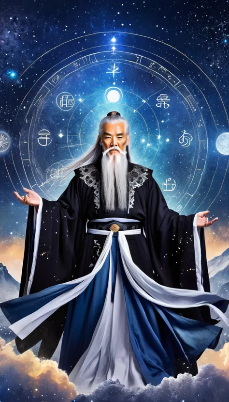 oriental fortune teller，the old immortal on the top of the stars，elders，white beard and long white eyebrows，black loose hanfu ro...