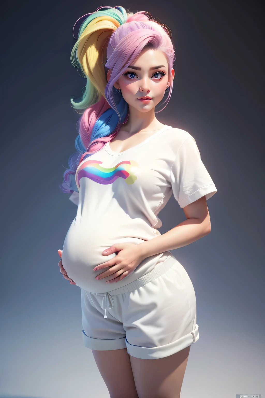 A hyper realistic carricature ,photorealism,of a pregnant woman 25 yo.with random rainbow hair style,standing.wearing sexy white pijama ,short pants,light smile, high detail,3d render,high definition