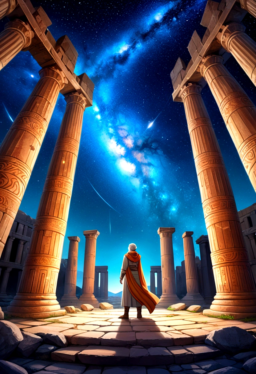 (Astrologer), An astrologer is exploring an ancient ruins, surrounded by ancient stone pillars and murals with starry sky patterns. The background is a twinkling galaxy, full body, (Photography), panoramic view, award-winning, cinematic still, emotional, vignette, dynamic, vivid, (masterpiece, best quality, Professional, perfect composition, very aesthetic, absurdres, ultra-detailed, intricate details:1.3)