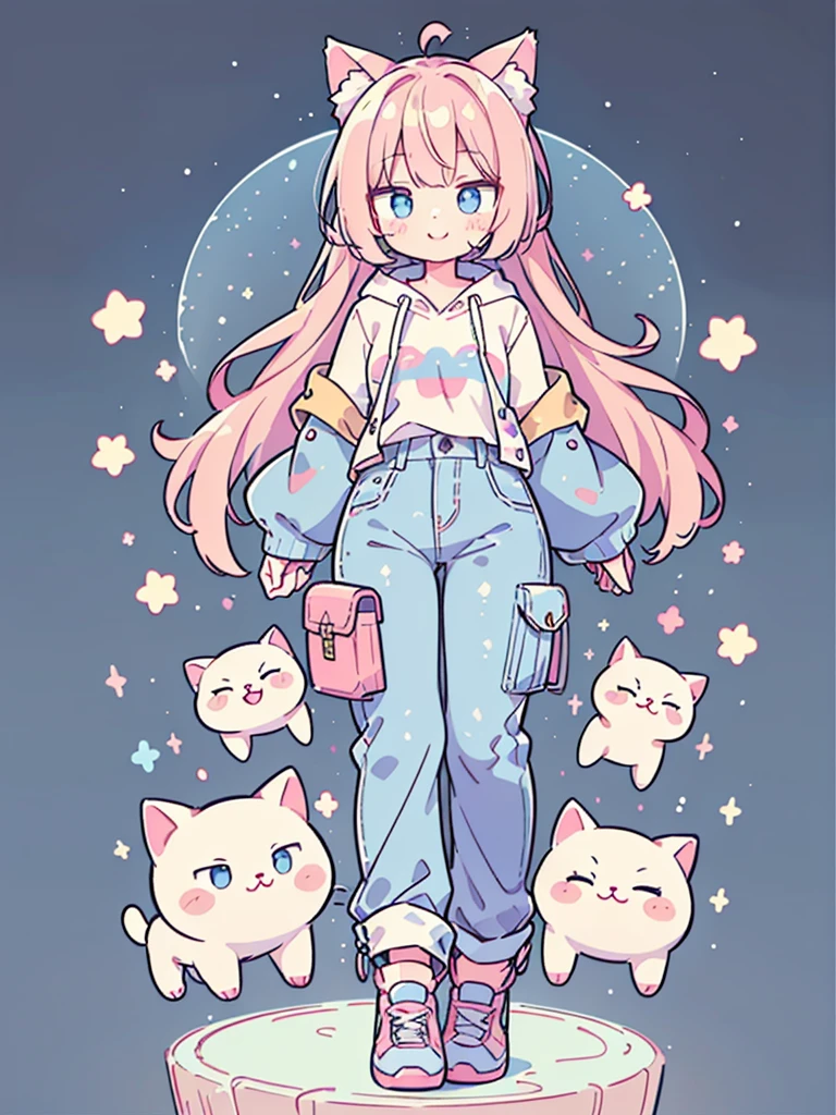 ((Highest quality，masterpiece，Extremely complex and exquisite details，The only woman with gray and blue cat ears and long hair stands in the center.，Gray blue super long straight hair，Curly hair at the ends，Sparse air bangs，Gray and pink T-shirt，Denim hooded short jacket，Black and gray long cargo pants))，(pink and white sneakers，Smile slightly，Surrounded by tons of cute short-legged cats，Correct anatomy)，Super Q cute 3D wireless painting style，Starry sky background vertical painting space scene