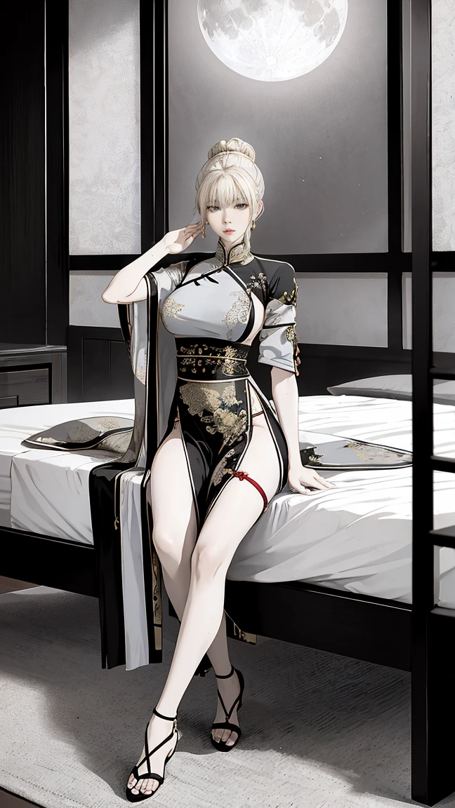 A female empress, with yellow eyes, white militar short hair, with a young face. slim muscular body, but well proportioned. Traditional Chinese imperial clothing dress decorated in gold with black details, red hanafuda earrings, red skirt, black string sandal. meditating on a bed in an ancient Chinese room, with the moon and stars in the window in the background and with flashes of light reflecting on your body. High definition.Sexy anime in 4K, full-body photos, sensual poses,