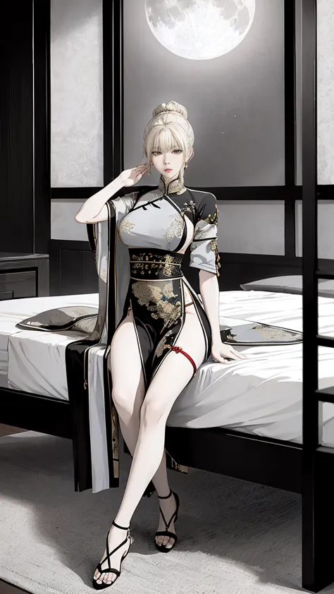 a female empress, with yellow eyes, white militar short hair, with a young face. slim muscular body, but well proportioned. trad...