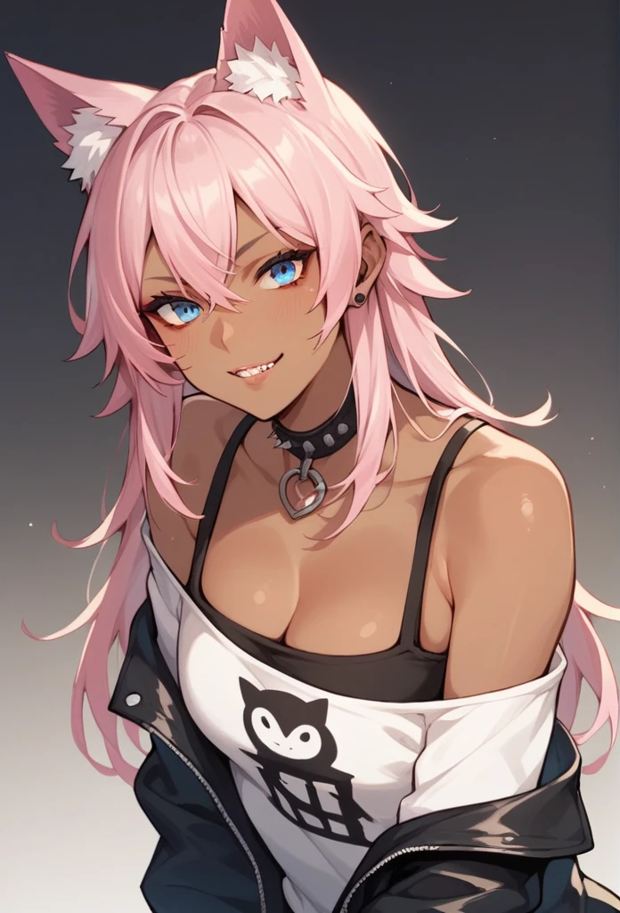 dark skin wolf girl with white and pink hair and blue eyes eith a big chest and in emo clothes 