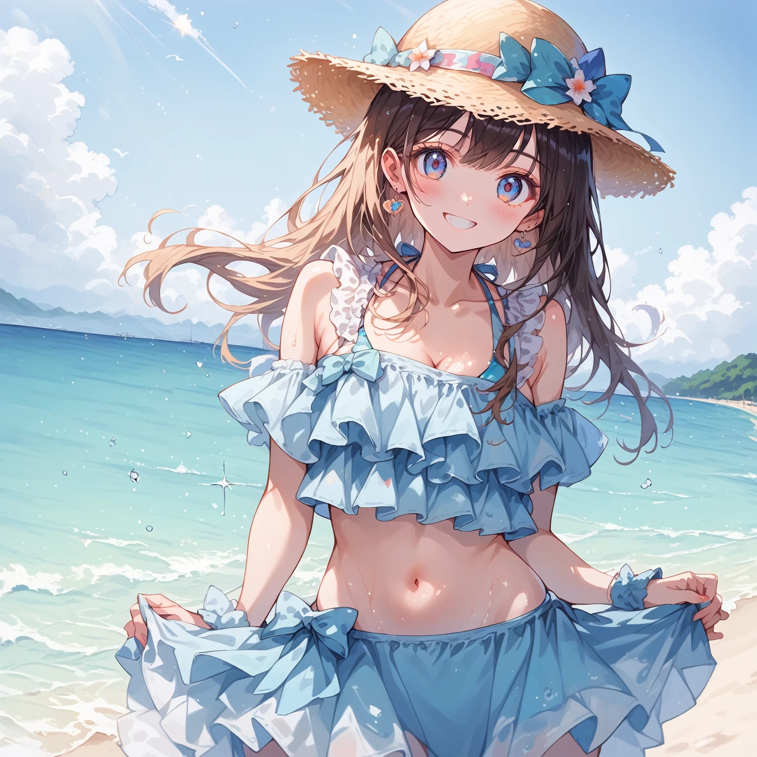 score_9, score_8_up, score_7_up, source_anime,masterpiece, best quality, high resolution, extremely detailed CG, absurdres, highres, 1girl, solo, cowboy shot,cute face, :D, summer beach background, bikini, frills,neondskdrmsxl,babycreamxl, (((((vivid color)))))