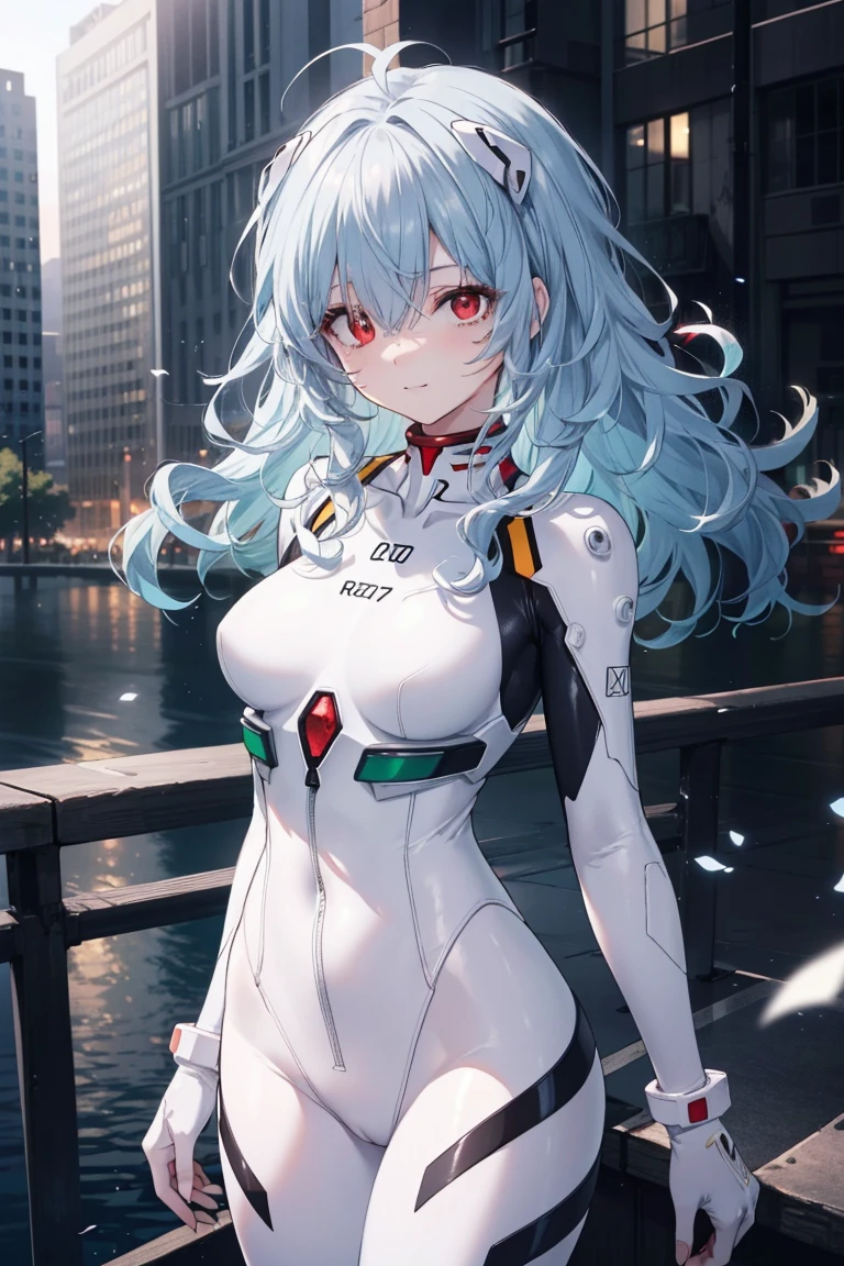 reiayanami, rei ayanami, Blue cheveux,(Long_désordonné_cheveux:1.4),(curly cheveux:1.4), (les yeux rouges:1.5),Lumière_sourire,(moitié_œil:1.5)
casser bodysuit, couvre-chef, plugsuit, Body blanc,cow-boy_tir,
casser outdoors, Ville,
casser looking at viewer, 
casser (dessus de la table:1.2), Meilleure qualité, haute résolution, unité 8k fond d&#39;écran, (illustration:0.8), (Beautiful detailed œils:1.6), visage très détaillé, éclairage parfait, extrêmement détails CG, (des mains parfaites, Anatomie parfaite),