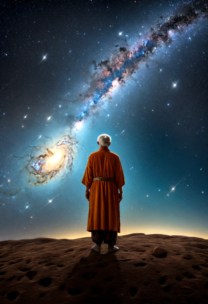 An astrologer, Der Hintergrund ist eine funkelnde Galaxie, Ganzkörper, (Fotografie), Panoramablick, Preisgekrönt, filmisches Standbild, emotional, vignette, Dynamisch, lebendig, (Meisterwerk, beste Qualität, Fachmann, perfekte Komposition, sehr ästhetisch, absurdesten, ultra-detailliert, komplizierte Details:1.3)