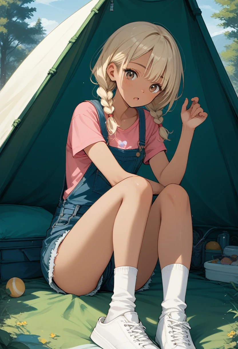 insolent, maigre, bronzé, coup de soleil, petite fille, cheveux blond, tresses jumelles, yeux marrons, poitrine plate, cul gai, Tee-shirt rose, salopette en jean, chaussettes blanches, regard surpris, assis sur le matelas de camping, dans la tente de camping, Style Uousaoh, ici les âmes, Cinématique, Spectaculaire, Point de vue, vue dynamique, tout le corps,