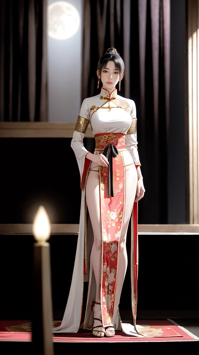 A female empress, with yellow eyes, white militar short hair, with a young face. slim muscular body, but well proportioned. Traditional Chinese imperial clothing dress decorated in gold with black details, red hanafuda earrings, red skirt, black string sandal. meditating in an ancient Chinese meditation hall, with candles, with the moon and stars in the window in the background and with flashes of light reflecting on your body. High definition.Sexy anime in 4K, full-body photos, sensual poses,