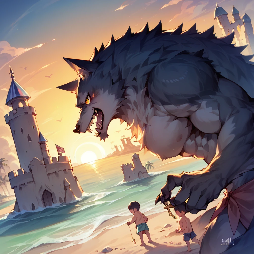 cover page, anime key visual, highres, top quality, best quality, paid reward available, High-quality illustrations, unparalleled masterpiece, perfect artwork, absurdres(family watching sunrise at the beach)((kemono werewolf family with two parents of diverse descents and a child)perfect anatomy, mesmerized by the sunrise,  playing with sand and building a sandcastle, serene beach with gentle waves, sky with vibrant colors of dawn, family’s expressions of awe and happiness, moment of peace and togetherness, fan-created work shared on platforms Pixiv or , cinematic lighting, dynamic angle,