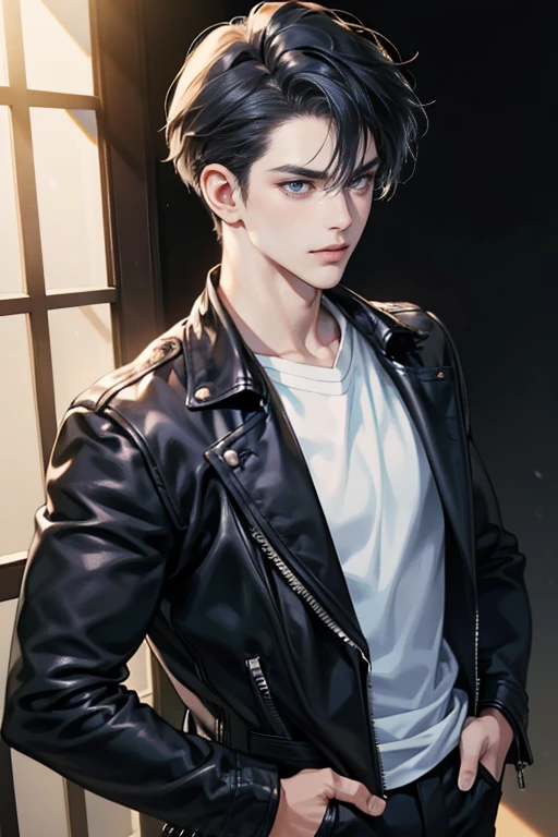 (tmasterpiece, high resolution, ultra - detailed:1.0), (1 boy, Young male, masculine face), Perfect male body, Adult male, Delicate eyes and delicate face, Extremely detailed CG, Unity 8k wallpaper, Complicated details, Detailed face, (short dark blue hair, messy hair, serious faces, white T-shirt,Bad students), (frown, smile in love:1.3), hand in pocket, school corridor,black leather jacket, color difference, Depth of field, dramatic shadow, Ray tracing, Best quality, Cinematic lighting, offcial art,Portrait